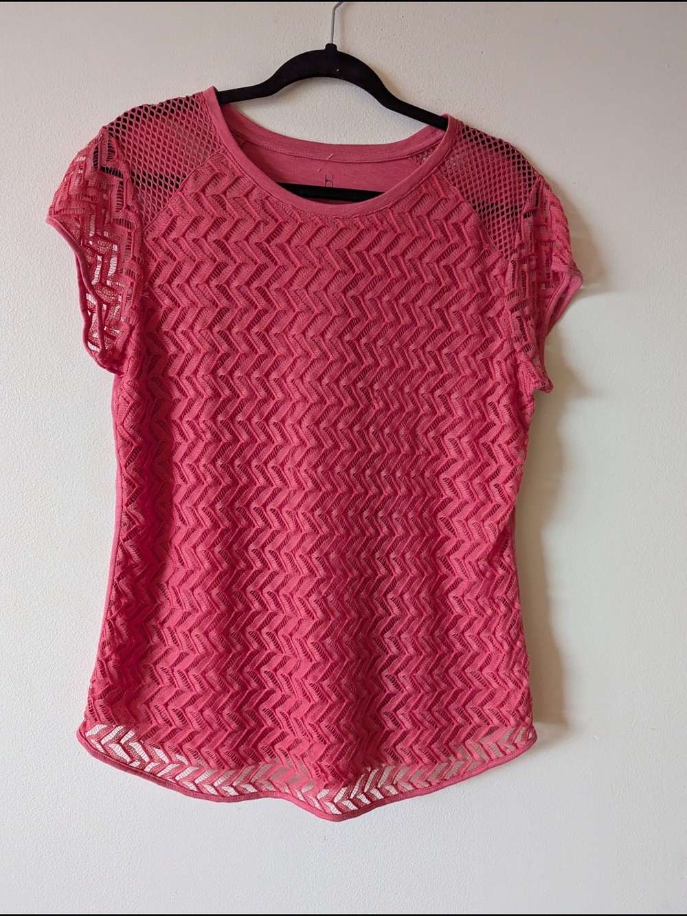 Hannah Lace Chevron Short Sleeve Top - Pink Large